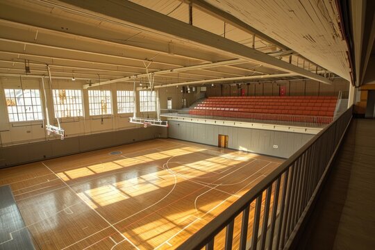 A photo of a spacious basketball court inside a massive building with players competing in a game surrounded by spectators, An expansive view of a gymnasium from the balcony, AI Generated