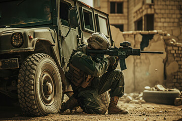 Soldier in Combat Gear Aiming Rifle Beside Military Vehicle in Urban Warfare Scenario. Concept of the fight against terrorism or anti-terrorism. - obrazy, fototapety, plakaty