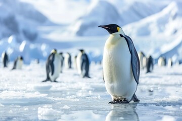 A group of Emperor penguins standing together on top of a vast expanse of ice in their natural habitat, An icy Antarctic landscape with emperor penguins, AI Generated