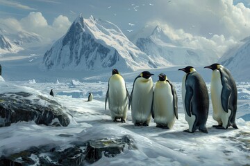 A collection of penguins standing together on top of a snowy terrain, An icy Antarctic landscape with emperor penguins, AI Generated