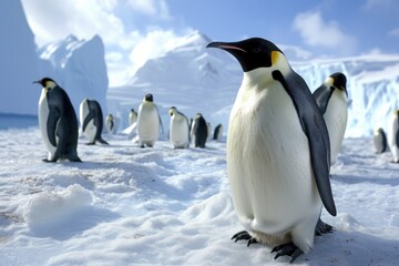 A large group of Emperor Penguins standing upright in the snow, their black and white feathers contrasting against the white landscape, An icy Antarctic landscape with emperor penguins, AI Generated