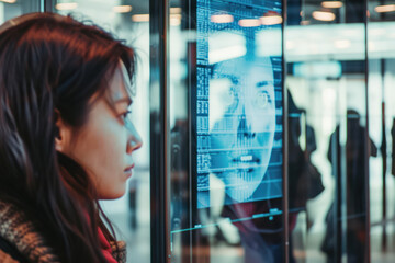Young Woman Contemplating Digital Interface Through Glass Reflection in Modern Office Setting. Concept of the fight against terrorism or anti-terrorism. Face detection. 