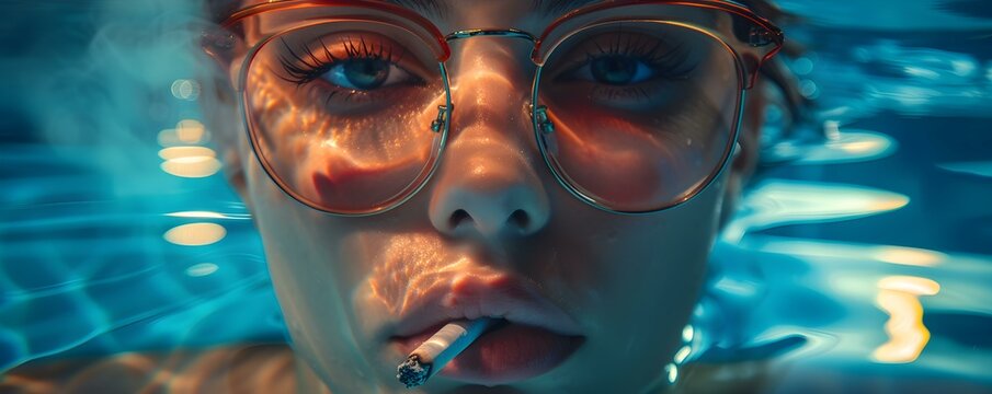Enigmatic image of woman smoking a cigarette submerged in water. Concept Surreal Underwater Smoking, Mysterious Aquatic Portrait