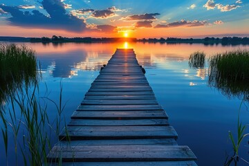 Fototapeta premium A wooden dock partially submerged in calm waters near the scenic lakeside, An idyllic summer sunset over a calm lake with a wooden dock, AI Generated