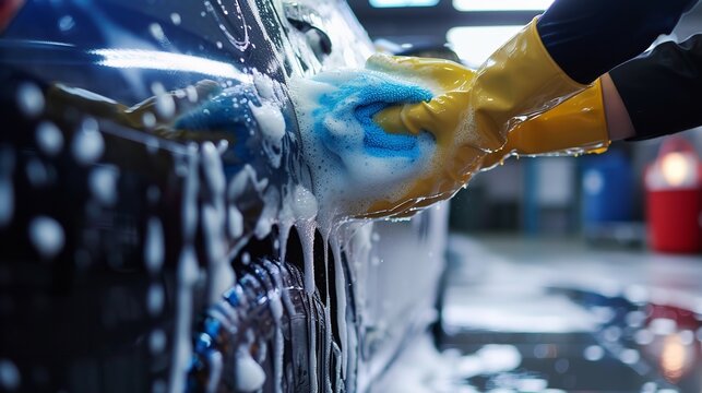 By employing a sponge, a car wash employee sterilizes a vehicle and big copy space, Generative AI.