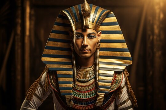 Picture ancient egyptian pharaoh portrait. Script sign wall pyramid ruller stone. Generate Ai