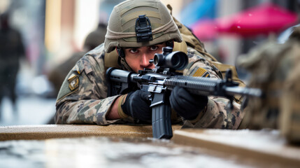 Focused Soldier in Camouflage Aiming Rifle During Urban Tactical Exercise. Concept of the fight against terrorism or anti-terrorism.