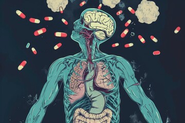 A detailed drawing of a human body with pills being expelled from its various organs, An illustration of the drastic effects of opioid misuse on the body, AI Generated