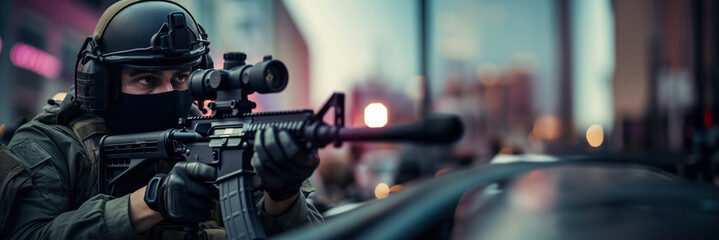 Special Forces Operative Aiming Rifle with Precision in Urban Environment. Concept of the fight against terrorism or anti-terrorism. - obrazy, fototapety, plakaty