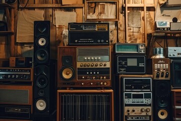 Fototapeta premium Assorted Electronic Equipment Displayed on a Wall, An image featuring vintage radio equipment to capture the essence of an oldies music podcast, AI Generated