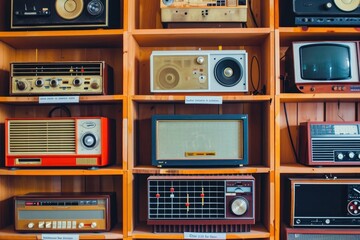 Fototapeta premium Vintage Radio Collection Displayed on a Shelf, An image featuring vintage radio equipment to capture the essence of an oldies music podcast, AI Generated