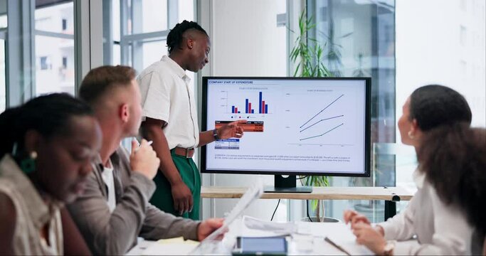 Business people, black man or screen for graphs presentation and data analysis for growth charts. Sale infographics, financial statistics or African speaker teaching on budget on monitor in meeting