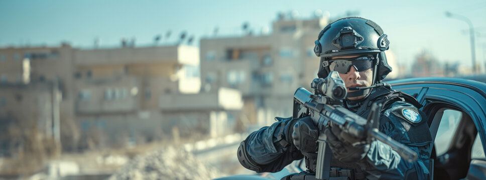 Elite Special Forces Operative in Tactical Gear Holding Rifle Prepared for Urban Conflict Operation. Concept of the fight against terrorism or anti-terrorism.