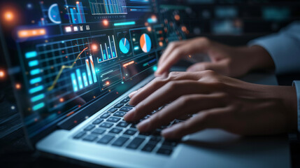 person's hands are seen typing on a laptop keyboard, with futuristic digital graphics of charts, graphs, and data analytics floating above the computer screen.