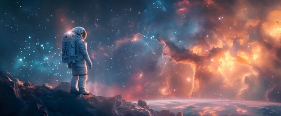 An astronaut stands on a distant planet looking at the beautiful scenery and wonderland, background, universe and space, beauty. Generative AI.