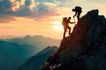 A photo capturing two individuals ascending the steep face of a towering mountain, An image of a supportive friend assisting in a mountain climb, AI Generated - obrazy, fototapety, plakaty
