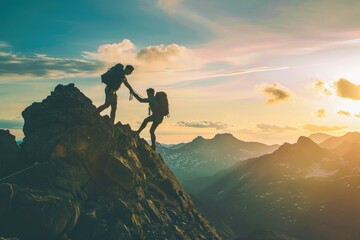 Two individuals ascend a mountain during sunset, demonstrating strength and determination, An image of a supportive friend assisting in a mountain climb, AI Generated - obrazy, fototapety, plakaty