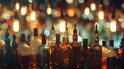 Silhouetted alcohol bottles with pour spouts against a backdrop of warm, glowing bokeh lights.