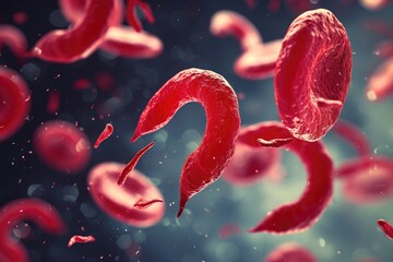 A close-up photo capturing a group of red blood cells suspended and floating mid-air, An image representing the sickle-shaped blood cells found in sickle cell anemia, AI Generated
