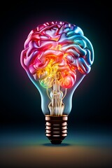 abstract illustration of human brain as lightbulb symbolising ideas in neon colors on dark background