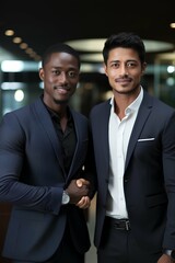smiling black business man and latin business man shaking hands on office background