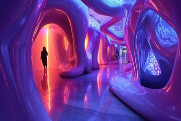 A person is seen walking through a well-lit tunnel in a modern building, An immersive space of energy-infused textures and forms invoking futuristic senses, AI Generated