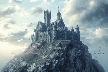 A majestic castle is situated atop a massive rock formation, creating a striking and commanding presence, An imposing Gothic fortress perched on a rocky outcrop, AI Generated