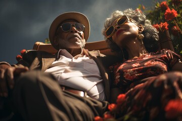 old black couple relaxing in sunny garden