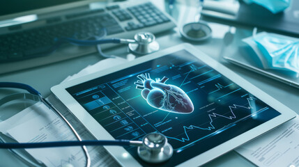 A tablet displaying a 3D holographic image of a human heart with associated health metrics, placed on a desk next to a stethoscope, symbolizing advanced medical technology and cardiology diagnostics.