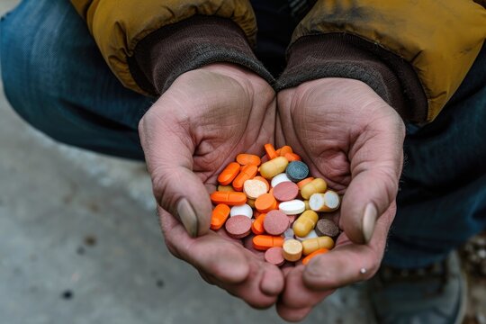 A close-up image of a person holding a collection of pills in their hands, An individual in the grip of opioid addiction, AI Generated