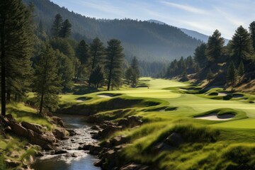 Golf course. Sky course flag. Generate Ai - obrazy, fototapety, plakaty