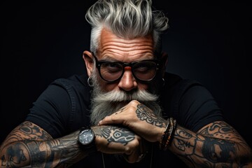 A middle-aged man with silver hair and intricately designed tattoos on his arms stands before a plain backdrop, showcasing his unique appearance. - obrazy, fototapety, plakaty