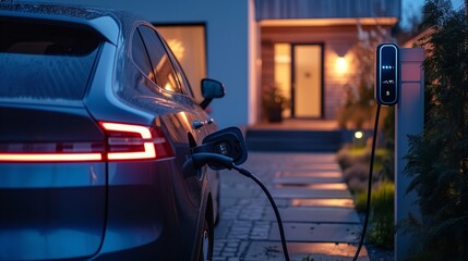 Charge station for electric car batteries at home, throughout the evening space, Generative AI.