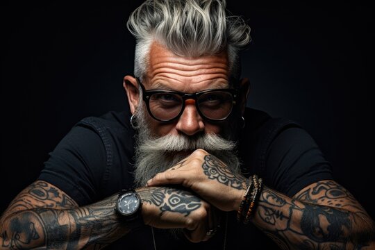 A middle-aged man with silver hair and intricately designed tattoos on his arms stands before a plain backdrop, showcasing his unique appearance.