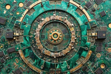 Close-Up View of a Computer Chip With Microscopic Circuits, An information technology-themed mandala depicting motifs of computer hardware, AI Generated