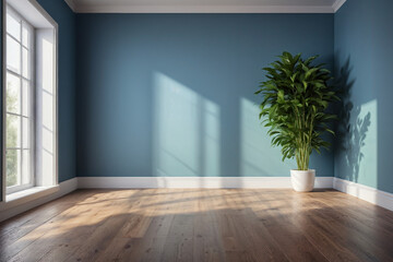 Interior shot of a room with plants and blue wall and sunlight from the window on the left.
