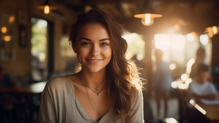 Obraz premium A woman is captured with a genuine smile on her face as she enjoys a meal at a restaurant.