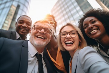 Diverse team posing in front of office building company advertising ad marketing hr employees teamwork job done success women men businessmen managers smiling friends group happy confident coworkers