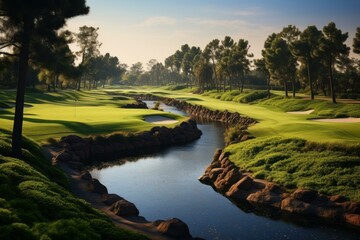 Serene Golf course. Sky course flag. Generate Ai