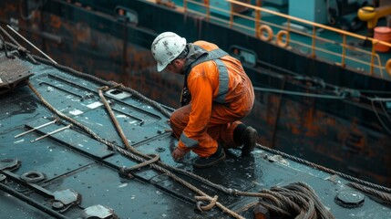 Worker cleans the hull of an old ship from rust. Vessel renovation.