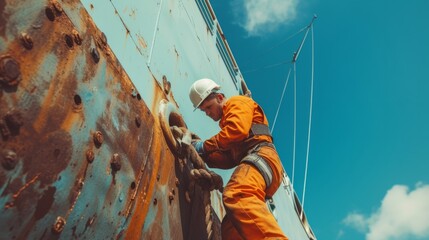 Worker cleans the hull of an old ship from rust. Vessel renovation.