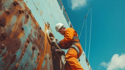 Worker cleans the hull of an old ship from rust. Vessel renovation. © PaulShlykov
