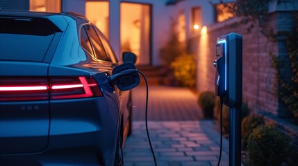 Charge station for electric car batteries at home, throughout the evening space, Generative AI.
