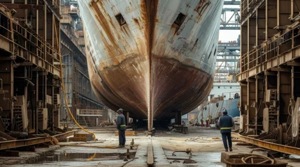 Fotobehang Worker cleans the hull of an old ship from rust. Vessel renovation. © PaulShlykov