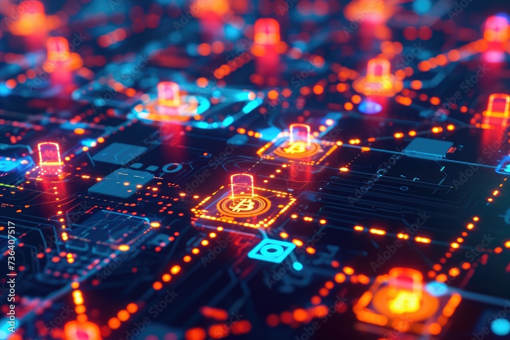 Poster close up of computer circuit with glowing lights, an interconnected network of computers transferrin