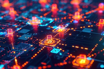 Obraz premium Close Up of Computer Circuit With Glowing Lights, An interconnected network of computers transferring a digital currency known as blockchain, AI Generated