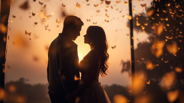 Couple in love hugging in the garden. Bokeh blurred background