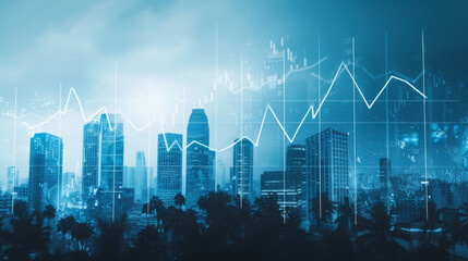 Fototapeta na wymiar cityscape overlaid with a graphical representation of a stock market chart