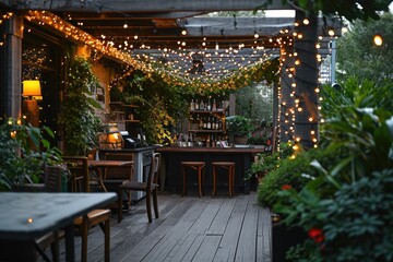 A patio filled with numerous thriving plants and adorned with twinkling lights, An intimate rooftop garden draped in twinkling fairy lights, AI Generated