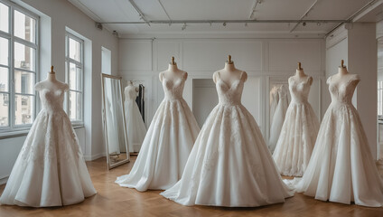 Beautiful wedding dresses in the salon - obrazy, fototapety, plakaty